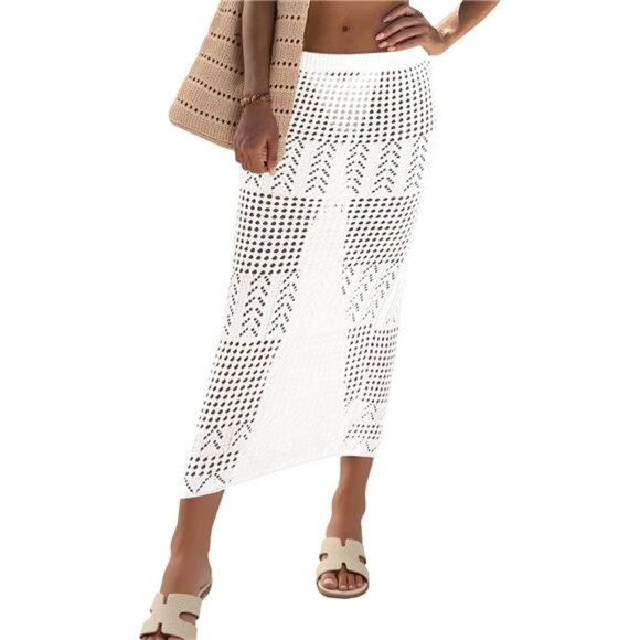 Womens Crochet Skirt Cover Up High Waist Sheer Mesh White - Picture 1 of 5
